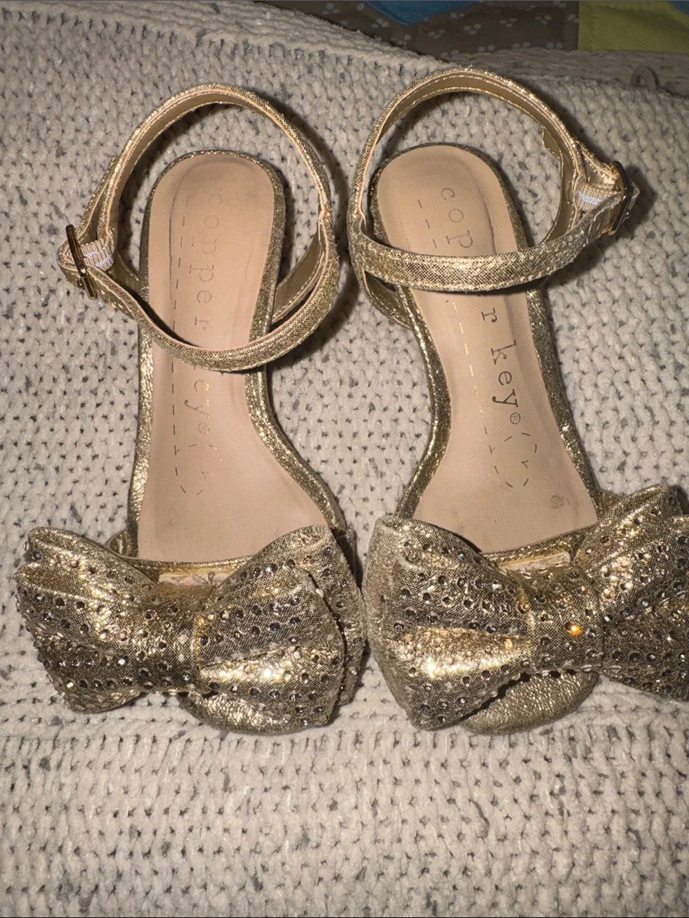 Copper Key Gold Glitter Bow Ankle-Strap Sandals
